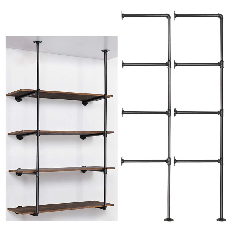 LIANTRAL Industrial Wall Mount Iron Pipe Shelf, DIY Open Bookshelf, Retro Storage Shelves Pipe Shelving Hung Bracket (4 Tier X2, Black) - Image 1